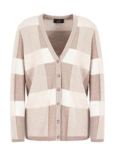 Emporio Armani Icon V-neck Cardigan In Virgin Wool With A Plated Check Motif In Fancy Beige