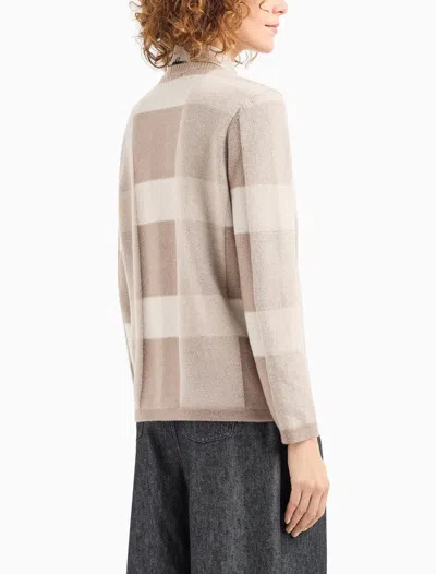 Emporio Armani Icon V-neck Cardigan In Virgin Wool With A Plated Check Motif In Fancy Beige