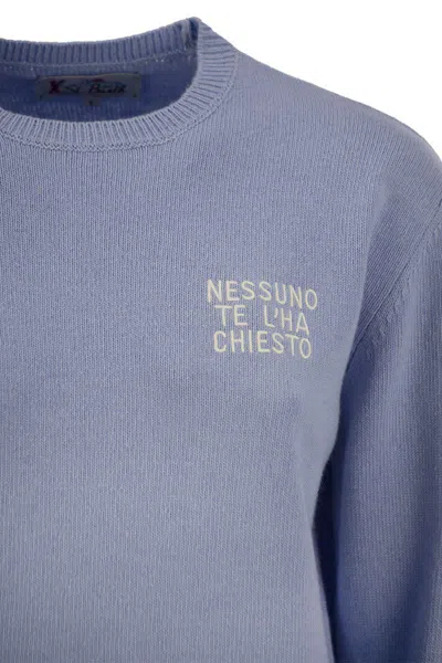 Mc2 Saint Barth Wool And Cashmere Blend Sweater With Embroidery Nessuno Te Lha Chiesto In Blue