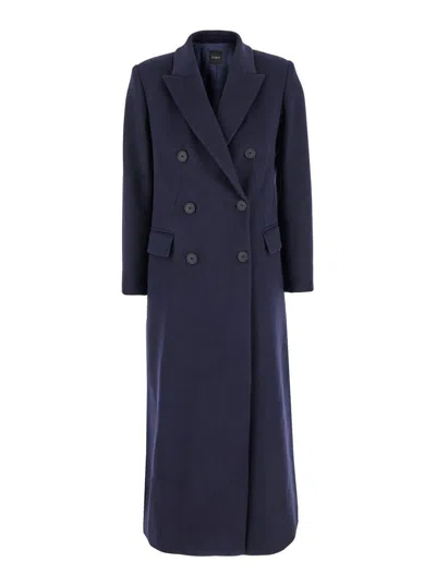 Plain Long Blue Double-breasted Coat In Blue