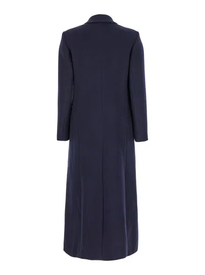 Plain Long Blue Double-breasted Coat In Blue