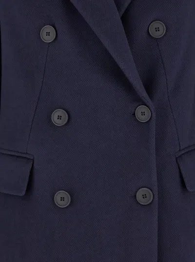 Plain Long Blue Double-breasted Coat In Blue