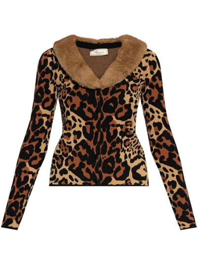 Blumarine Viscose Blend Cardigan With Faux Fur Collar In Brown Sugar Black