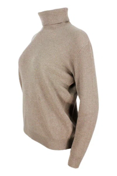 Brunello Cucinelli Embellished Collar Cashmere Turtleneck In Brown