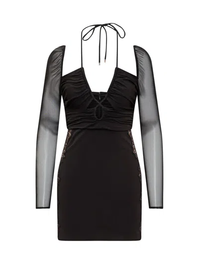 Self-portrait Plain Knitted Hollowed-out Mini Dress In Black