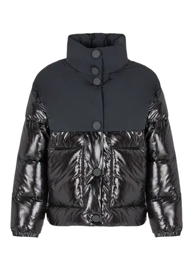 Armani Exchange Padded Jacket In Patent Leather And Opaque Fabric In Black