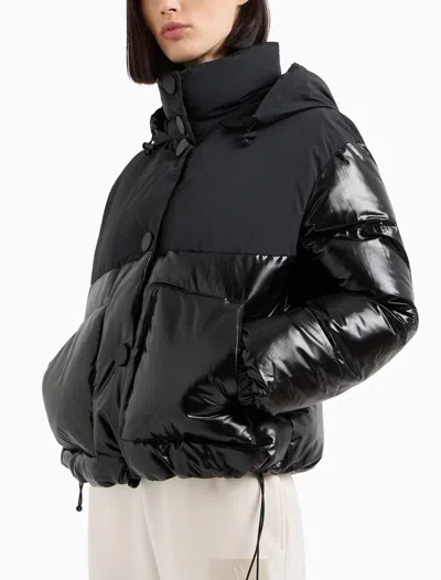 Armani Exchange Padded Jacket In Patent Leather And Opaque Fabric In Black