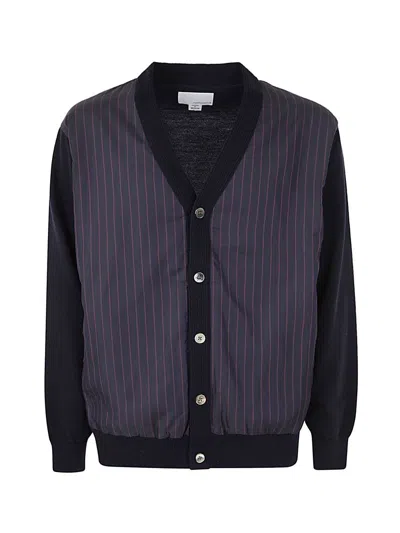 Nanamica Striped Panel Wool Blend Knit Cardigan In Blue
