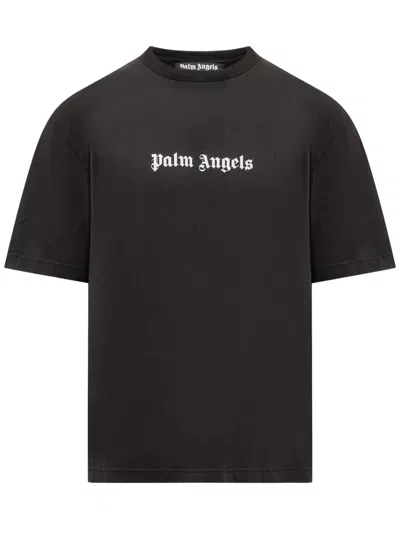 Palm Angels Blue Cotton T-shirt With Palm Print And Logo In Black