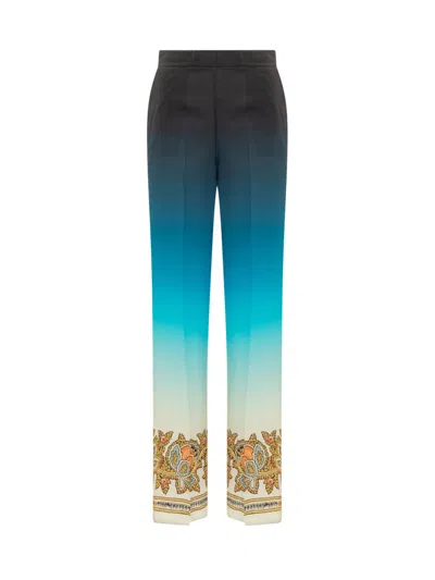 Etro Blue Palazzo Trousers In Shaded Crepe De Chine With Paisley Patterns In Blue
