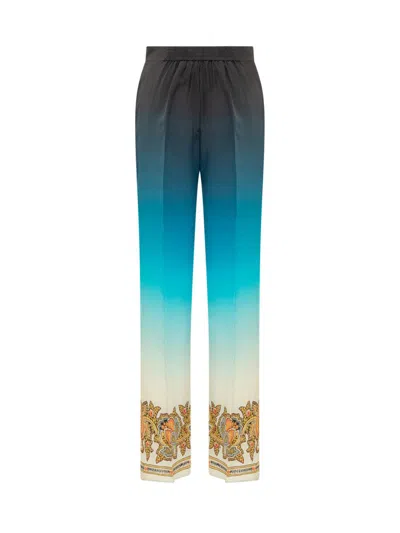 Etro Blue Palazzo Trousers In Shaded Crepe De Chine With Paisley Patterns In Blue