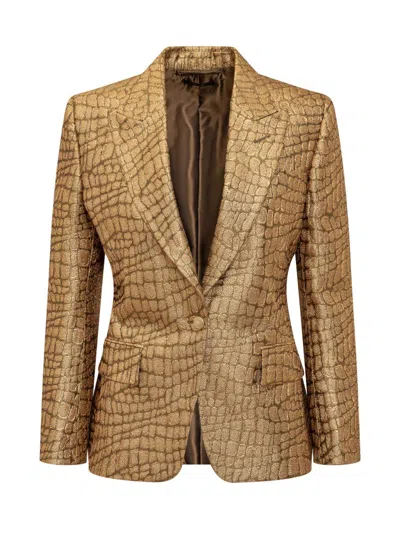 Tom Ford Metallic Croc-jacquard Single-breasted Blazer Jacket In Gold