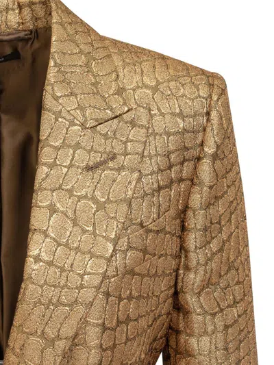 Tom Ford Metallic Croc-jacquard Single-breasted Blazer Jacket In Gold