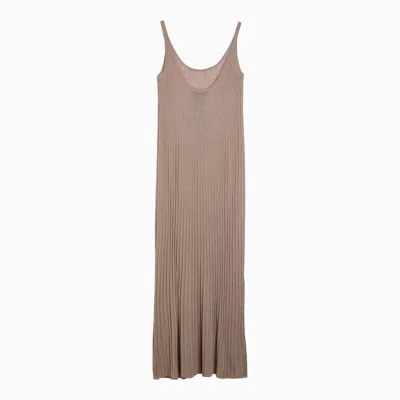 Max Mara Long Beige Ribbed Dress With U Neckline In Lurex Woman In Yellow