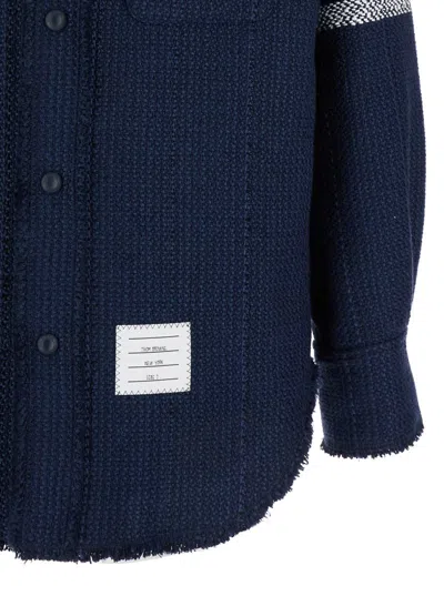 Thom Browne Navy Blue Shirt With Contrasting 4-bar Detail In Blue