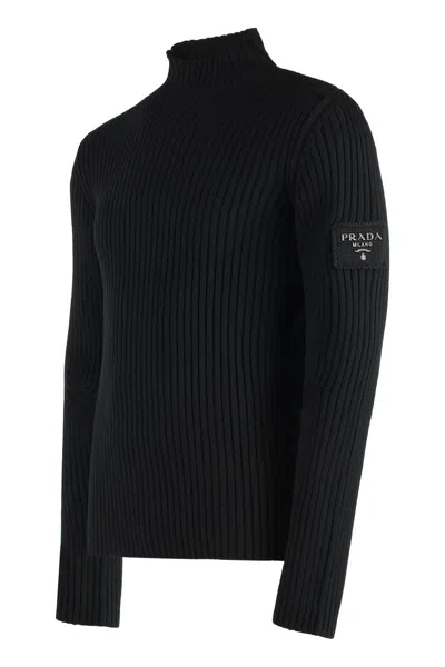 Prada High-neck Ribbed Wool Sweater In Black