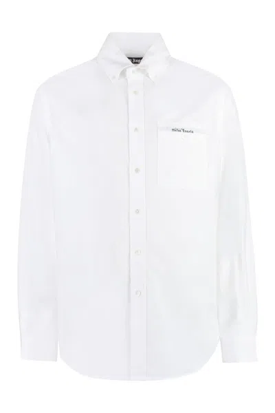 Shop Palm Angels Button-down Collar Cotton Shirt In White