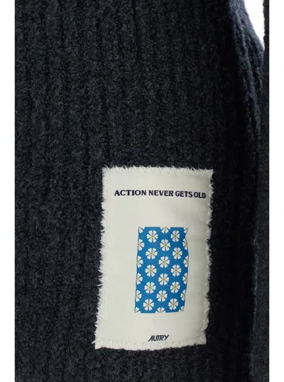Autry Grey Crewneck Sweater With Logo Patch In Ribbed Wool Man In Black