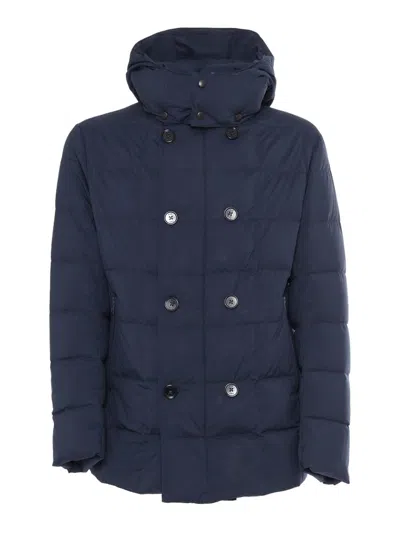 Fay Double Breasted Hooded Down Jacket In Blue