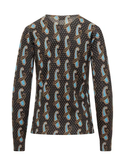 Etro Silk And Cashmere Sweater With Light Blue Paisley Pattern All-over In Black