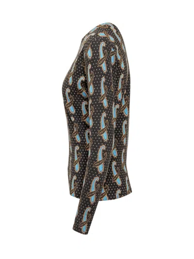Etro Silk And Cashmere Sweater With Light Blue Paisley Pattern All-over In Black