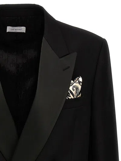 Off-white Double-breasted Tattoo Blazer With Satin Peak Lapel In Black
