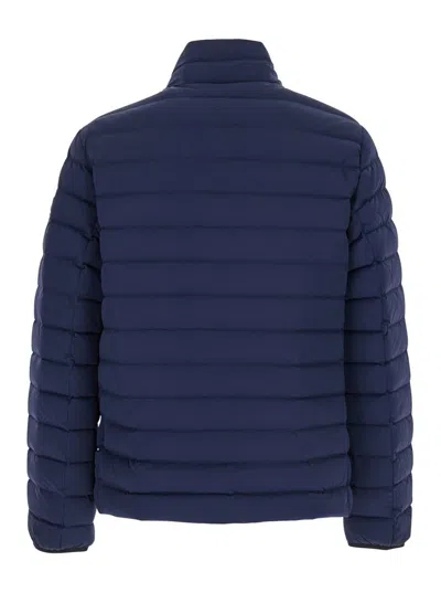 Moose Knuckles Laki Blue Down Jacket With High Neck And Logo Patch On The Sleeve In Tech Fabric Man In Blue