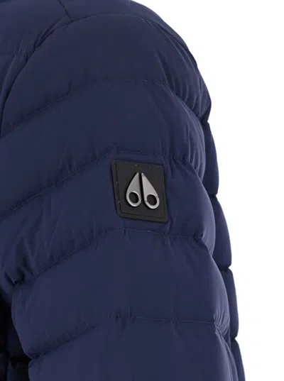 Moose Knuckles Laki Blue Down Jacket With High Neck And Logo Patch On The Sleeve In Tech Fabric Man In Blue
