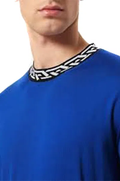 Versace Neckline Contrast Long Sleeves Ribbed Cuffs In Electric Blue