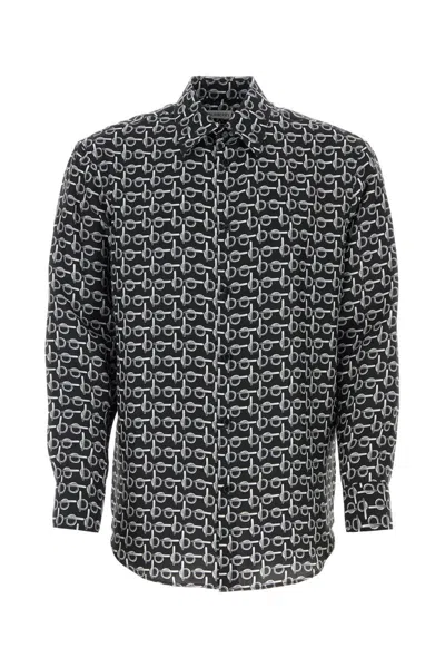 Burberry Long Sleeve Shirt With All-over Monogram Print In Silverblack