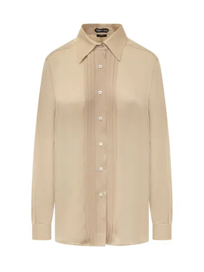 Tom Ford Pleated Plastron Shirt In Beige
