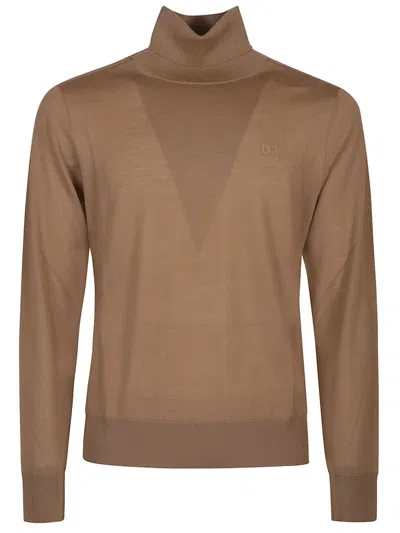 Dsquared2 Turleneck Sweater With Ton On Ton Monogram In Brown