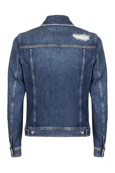 Dolce & Gabbana Blue Jacket With Classic Collar And Rips In Denim Stretch Man In Navy