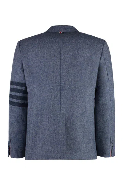 Thom Browne Unstructured Straight Fit Sewed In 4bar In Solid Donegal Tweed In Blue