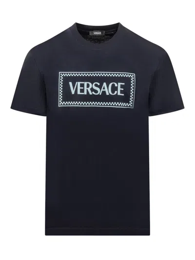 Versace Blue Crewneck T-shirt With 90's Logo Print In Blue