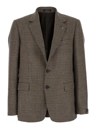 Tagliatore Dark Beige Single-breasted Jacket With Check Motif In Beige