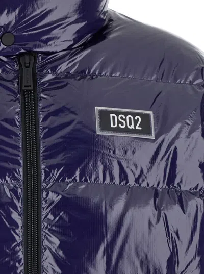 Dsquared2 Blue Down Jacket With Logo Patch On The Front In Tech Fabric Man In Blue