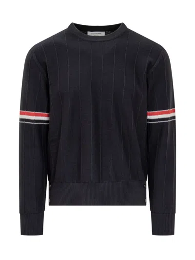 Thom Browne Rwb Intarsia Armband Tweed Pullover In Blue