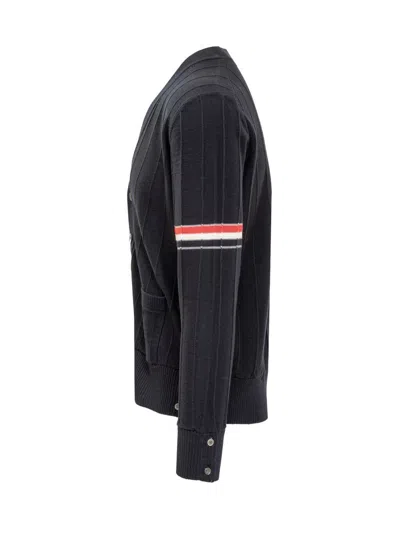 Thom Browne Cotton Milano Stitch Stripe Armband V-neck Cardigan In Blue