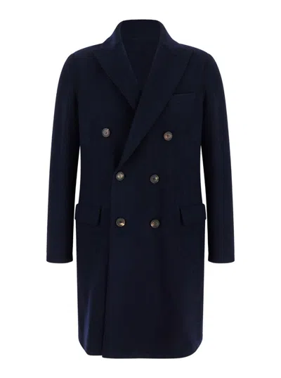 Eleventy Blue Double-breasted Coat With Peak Revers In Fabric Man In Blue