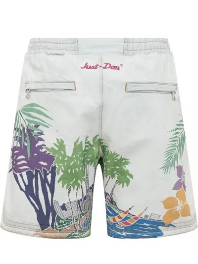 Just Don Hawaii Print Cotton Denim Shorts In Blue