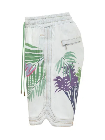 Just Don Hawaii Print Cotton Denim Shorts In Blue