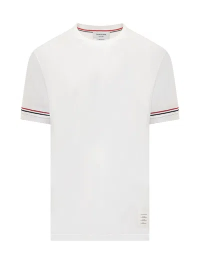Thom Browne White Crewneck T-shirt With Rwb Detail On Neck And Sleeve In White