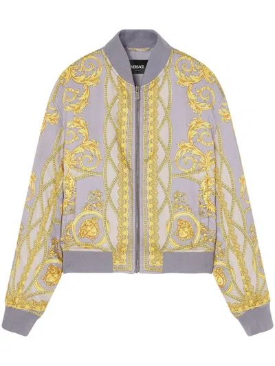 Versace Baroque-pattern Print Bomber Jacket In Concrete/bone/gold