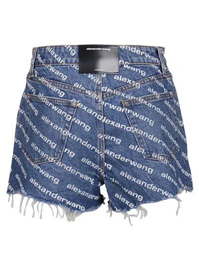 Alexander Wang Denim Shorts With All Over Logo In Blue