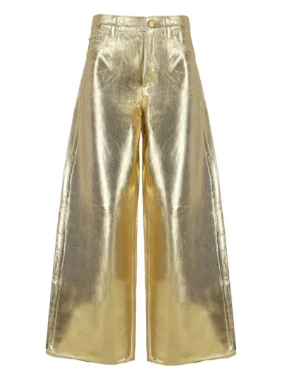 Ganni Women Gold Five Pockets Wide Jeans In Laminated Fabric Woman