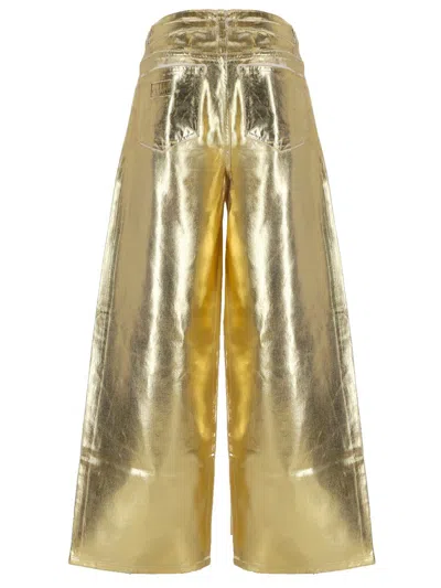 Ganni Women Gold Five Pockets Wide Jeans In Laminated Fabric Woman