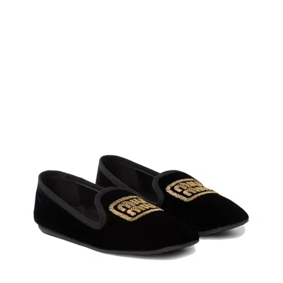 Miu Miu Logo-embroidered Velvet Slippers In Black