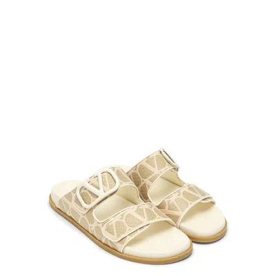 Valentino Vlogo Toile Iconographe Slide Sandal In Ivory