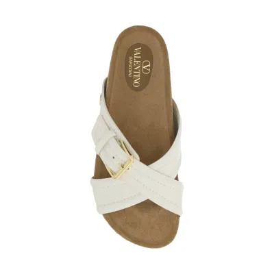 Valentino Velluto Leather Crisscross Buckle Sandals In White
